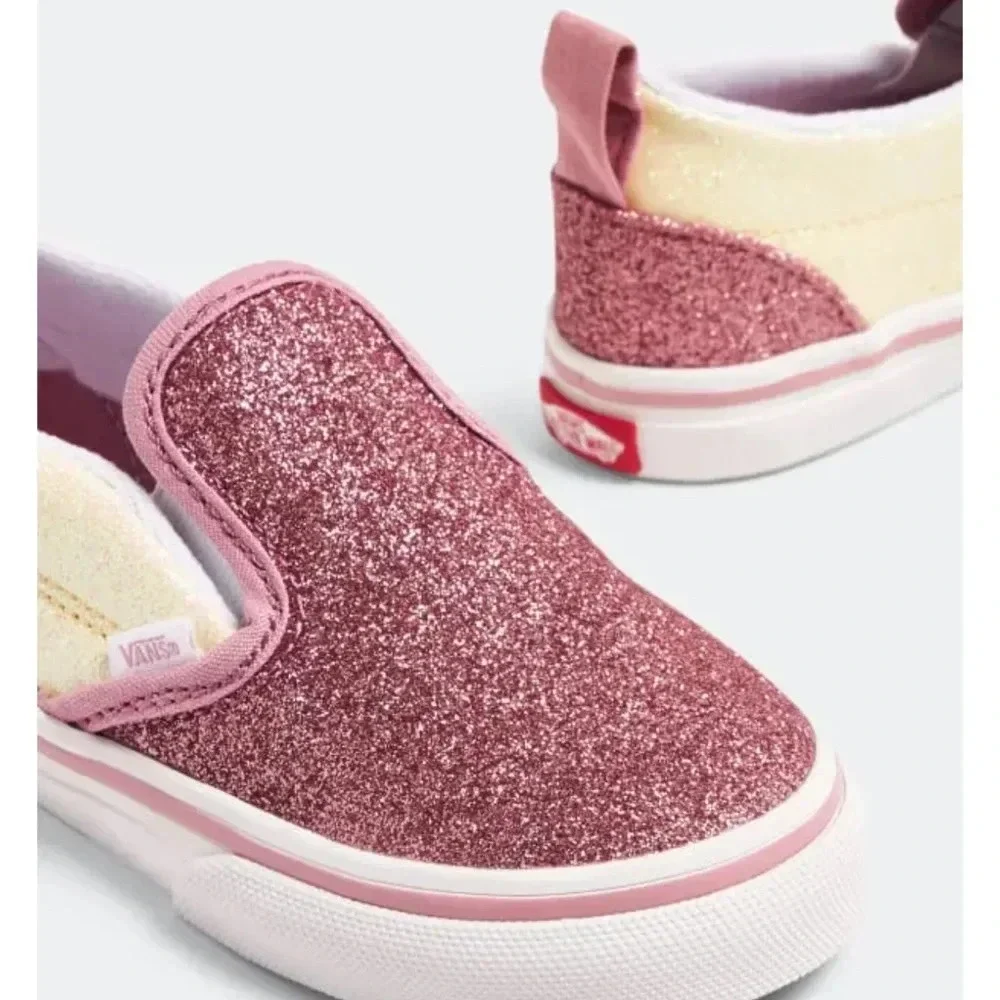 Vans pink/yellow glittery sparkle Slip-On V Sneakers baby girl size 2